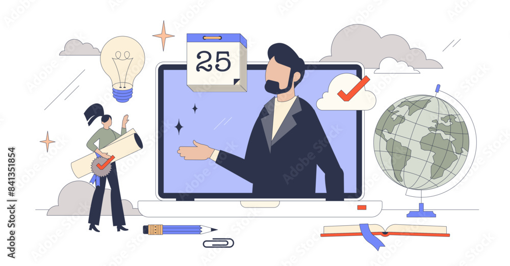 Poster online courses and distant e-learning course tiny person neubrutalism concept, transparent backgroun