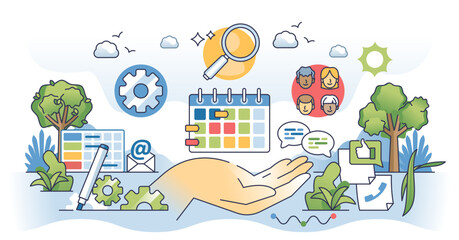 Workforce planning and effective work labor management outline hands concept, transparent background. Time management for productive staff schedule monitoring illustration.