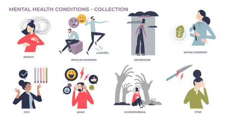 Mental health conditions and mind problems list tiny person collection set, transparent background. Labeled elements with anxiety, bipolar disorder and depression medical diseases illustration.