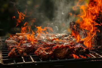 Fototapeta premium Juicy ribs cook on a barbecue grill with vibrant flames and smoke