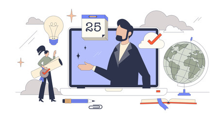 Online courses and distant e-learning course tiny person neubrutalism concept, transparent background. Web platform with internet education.