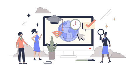 Remote learning and online education course tiny person neubrutalism concept, transparent background. International or global study using web platforms as effective and flexible solution.