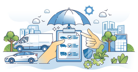 Fleet insurance and car crash and risk protection outline hands concept, transparent background. Careless policy agreement for all vehicles, cargo carriers and trucks illustration.