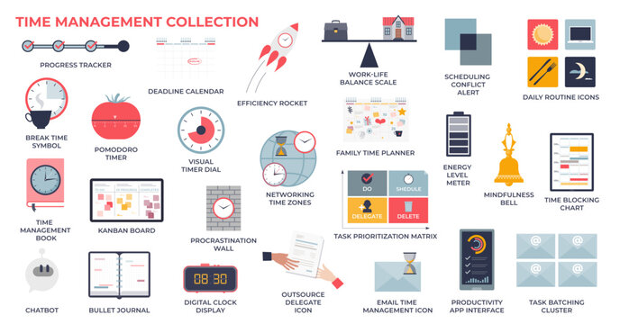 Time management for effective work organization tiny person collection set, transparent background. Labeled elements with task schedule planning, project urgency and efficiency illustration.