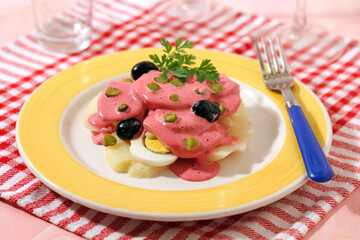 Pink potatoes salad.