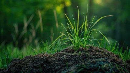 Young green grass grows on a heap of dirt