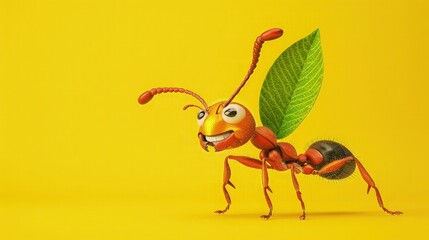 Naklejka premium A playful 3D cartoon ant character, strong and smiling, carrying a leaf, suitable as a logo for organic farming products. Set on a bright yellow background.