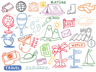 Hand drawn set of travel outline doodle Tourism and summer adventure icons in colorful style.