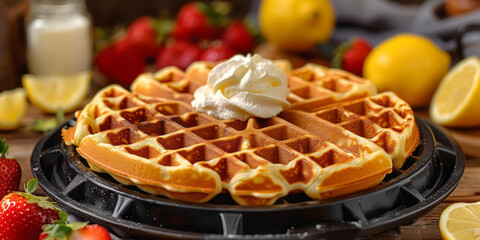 Delicious waffle topped with whipped cream and surrounded by fresh fruits like strawberries and lemons, creating an appetizing and vibrant breakfast scene perfect for culinary and food 