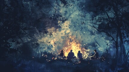 A painting of a group of people sitting around a fire in a forest, watercolor illustrations , summer activitie, Camping in the woods.