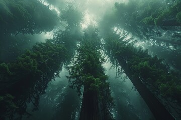 Majestic redwoods in a misty forest, depicting grandeur and strength. 