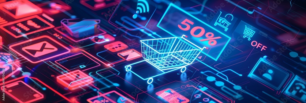 Poster A 3D rendering of a shopping cart with a glowing 50% off discount, surrounded by digital icons. Generative AI