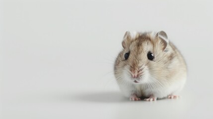 A close up photograph of a small, brown and white hamster looking directly at the camera. The hamster is sitting on a white background.