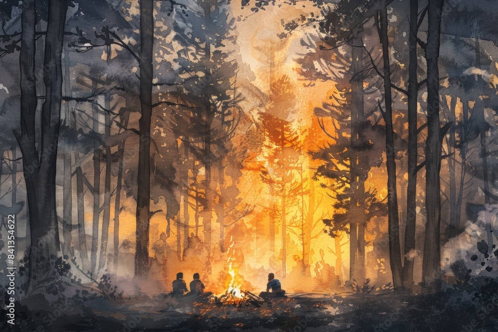 Wall mural A painting of a forest with a fire in the middle, watercolor illustrations , summer activitie, Camping in the woods. - Wall murals