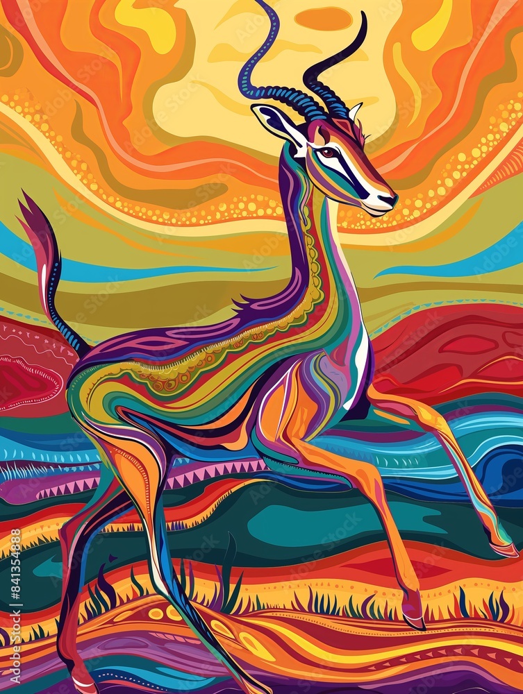 Poster colorful abstract depiction of an antelope with intricate patterns and vibrant hues in a dynamic sce