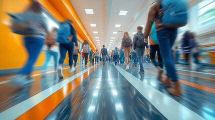 Students in motion blur at the high school hallway