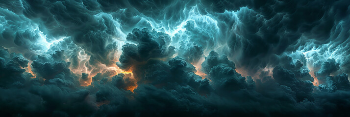 Fototapeta premium Dramatic storm clouds with a glowing, illuminated center, capturing the intense and awe-inspiring beauty of a powerful thunderstorm in a dynamic, atmospheric scene..