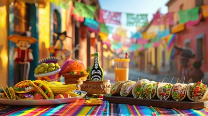 Fototapeta premium A Lively Mexican Street Food Scene With Tacos, Elotes, Colorful Decorations, And A Mariachi Band