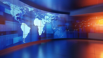 Futuristic News Studio with World Map Backdrop in Blue - Ideal for Zoom Virtual Backgrounds, Technology, Connectivity, 16:9 Aspect Ratio