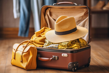 Packed suitcase with summer hat. Blurred background with copy space