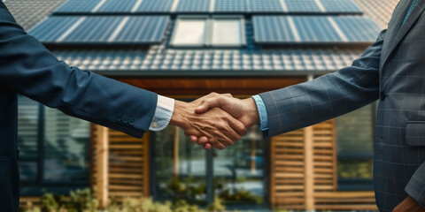 Business handshake between two professionals in front of a modern house with solar panels, symbolizing sustainable energy partnerships and eco-friendly real estate development..