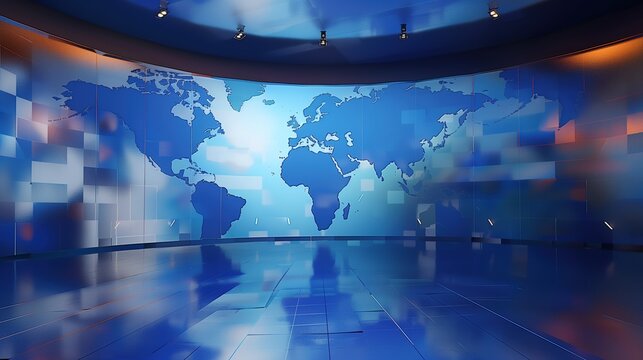 Futuristic News Studio with World Map Backdrop in Blue - Ideal for Zoom Virtual Backgrounds, Technology, Connectivity, 16:9 Aspect Ratio