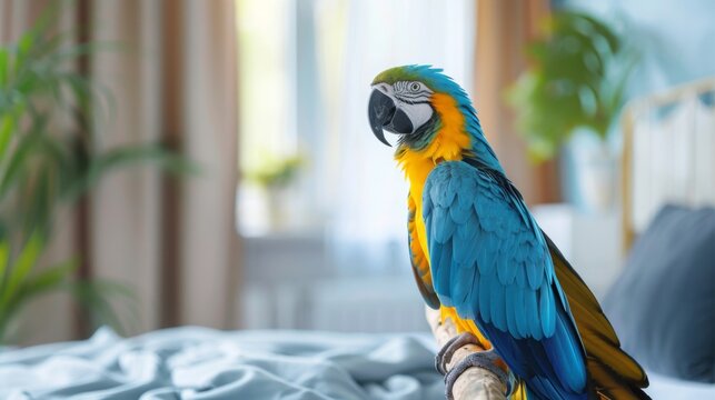 A blue and gold macaw sits on a branch in a home setting. The bird is looking to the left of the frame with its bright blue and yellow feathers on display.