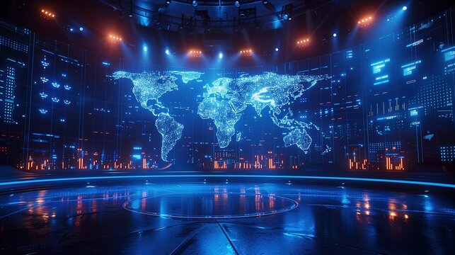 Futuristic News Studio with World Map Backdrop in Blue - Ideal for Zoom Virtual Backgrounds, Technology, Connectivity, 16:9 Aspect Ratio