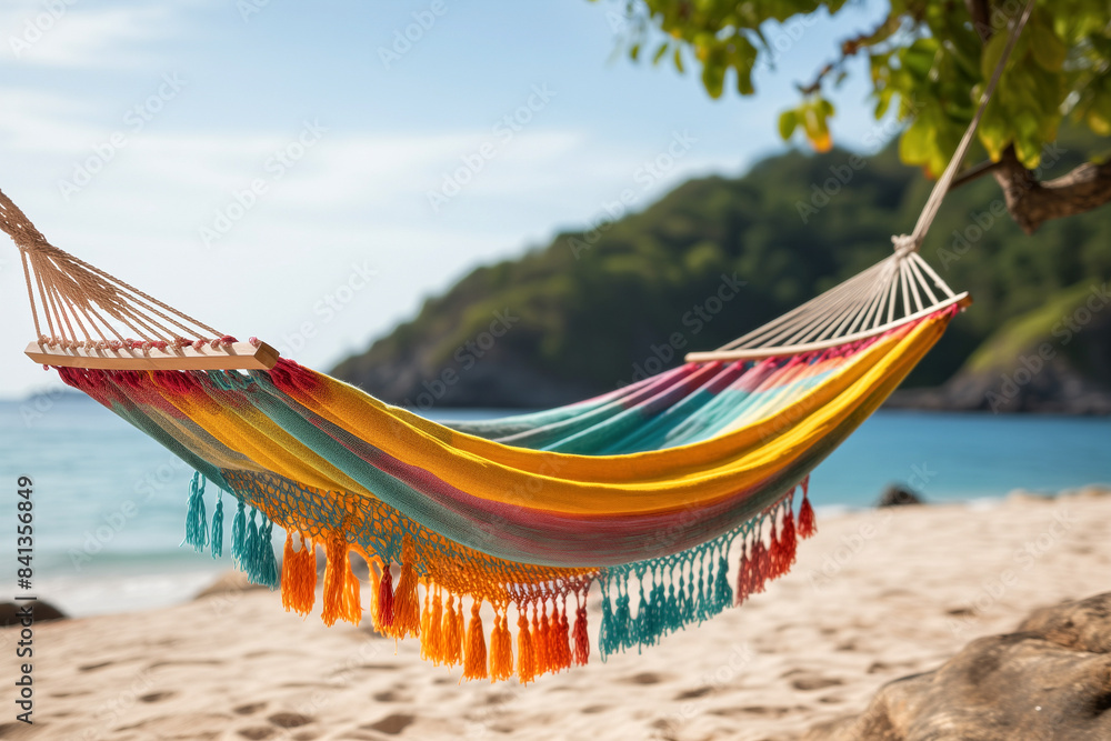 Wall mural Hammock on beach with ocean view. Blurred background with copy space