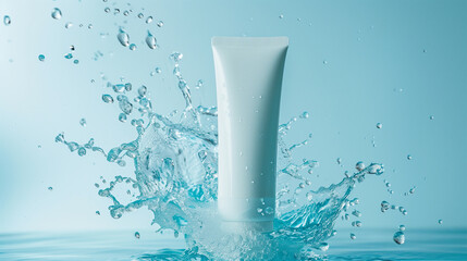 Mockup of a facial cleanser gel tube with water splash effect