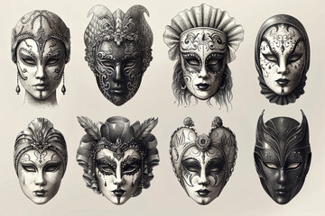 Naklejka premium illustration A collection of hand-drawn carnival masks