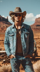 Man in western attire stands amidst a desert landscape, characterized by rocky formations and a vast blue sky