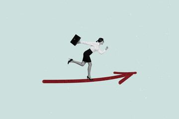 Poster image picture collage of business lady run fast up on arrow over blue pastel color background