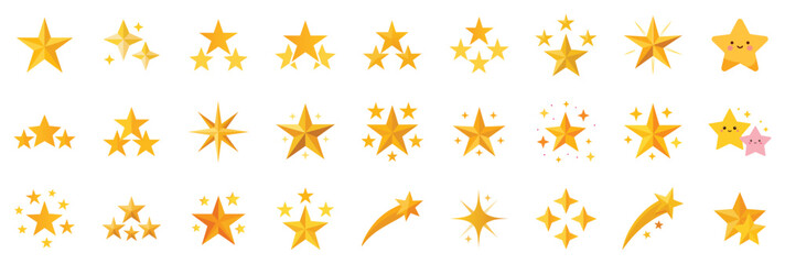 Stars Icons set, vector flat cartoon illustration. Sparkle symbols, shine effect, five star rating, yellow golden shapes.
