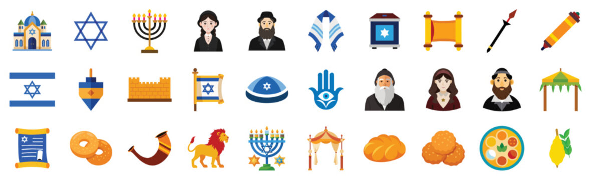 Jewish Icons set, vector flat cartoon illustration. Religion symbols - Torah, synagogue, David star, Hanukkah, Hamsa, challah bread, orthodox man and woman, dreidel, Israel flag.