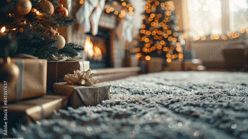 Poster a christmas tree is lit up with many ornaments and sits in front of a fireplace. the image conveys a