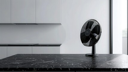 A sleek black fan on a modern, dark granite kitchen table, contrasting with a minimalist, white kitchen interior. Ample copy space on a plain background.
