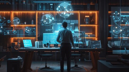 Skilled scientist using innovation technology to searching and analyzing data. Smart business man with VR glasses looking and planning marketing while checking stock market chart holographic. AIG42.