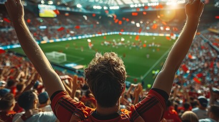 Celebration of Victory, A Thrilling Football Match with a Large Crowd Cheering. Generative AI.