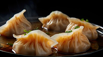 Photograph of a close-up shot of a single pork dumpling, its translucent skin revealing juicy pork filling and a hint of ginger and scallion