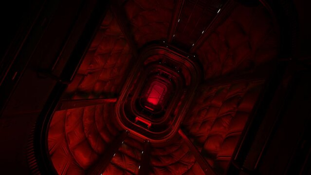 Camera flies and rotates inside red-lit technical corridor of a spaceship or a planetary module, moves towards exit. First person view of flying through spacecraft interior.     