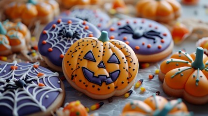 Halloween cookie decorating, spider and pumpkin shapes, icing details, cozy kitchen, digital art, vibrant
