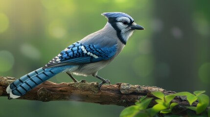 a blue jay perched on a branch with its vibrant feathers in full view, shot against a green background.