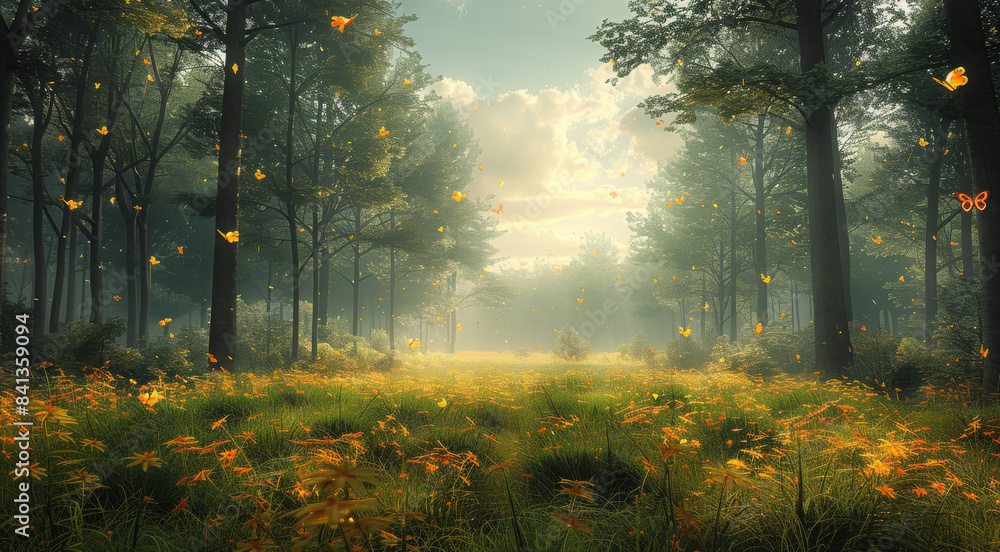 Poster an enchanted forest, with beautiful and tall trees, we have a wide meadow and we have clouds in the 