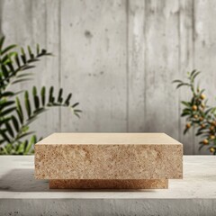 Minimalist stone pedestal against a concrete background with lush green plants, perfect for showcasing products or art pieces.