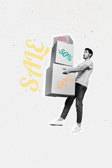 Collage poster artwork of funny nice man carry heavy boxes isolated on creative drawing background