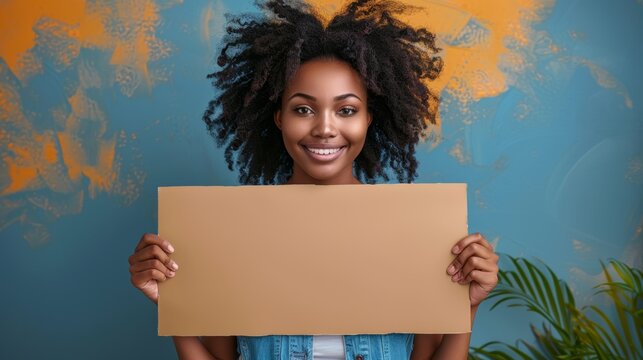 An Africa-American female holding a large empty message board in her both hands with the strong facial expression of supportive over plain background. Voting campaign promotion concept. 