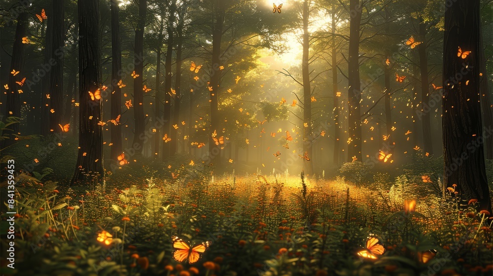 Poster an enchanted forest, with beautiful and tall trees, we have a wide meadow and we have clouds in the 