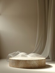 a minimalistic platform for displaying products, presented in neutral colors. Background gradient from light gray to dark beige. There is smoke and tulle in the background.