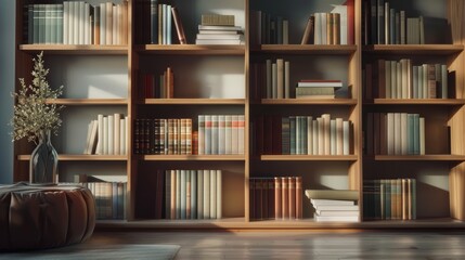 A photorealistic image of a minimalist bookshelf with a few carefully selected books, each with a unique cover, arranged on clean wooden shelves.